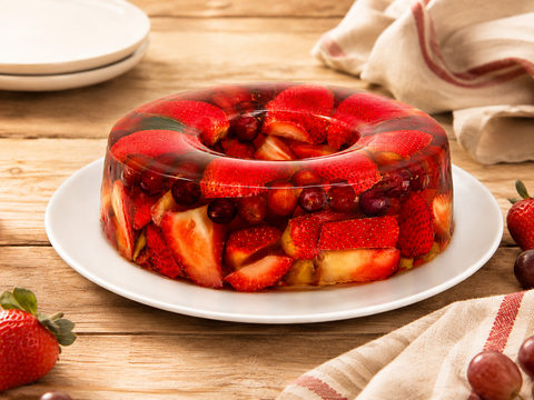 Gelatina suspiro de frutas sin azúcar de Pastelerías Marisa, postre artesanal con frutas, elaborado sin azúcar añadida.
